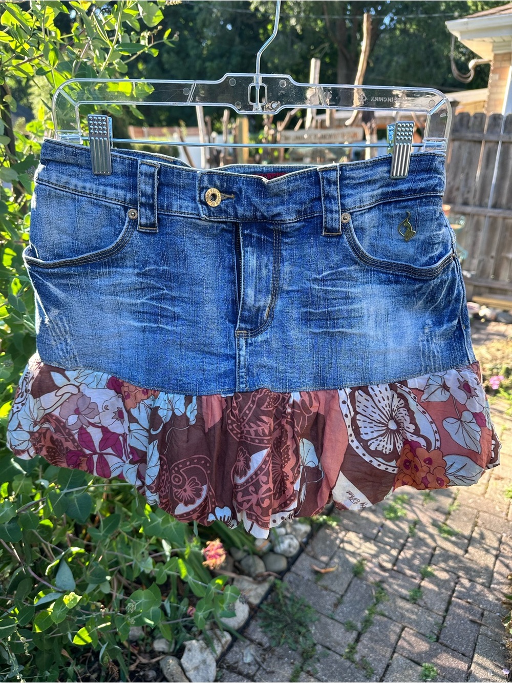 Baby Phat Denim Mini Skirt with Brown Floral Ruffle Hem